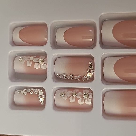 2/$16 Floral Rhinestone French Manicure Press On Nails - Picture 1 of 16